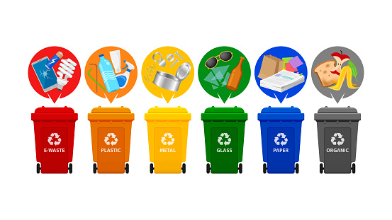 recycle bin types, garbage sort e-waste, plastic waste, metal, glass, paper and organic waste, front view set of plastic rubbish bin for recycling different types waste, garbage bins isolated on white
