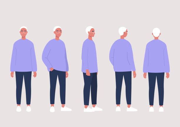 illustrations, cliparts, dessins animés et icônes de jeune personnage masculin pose collection: avant, côté et arrière vues - profile people in a row group of people people