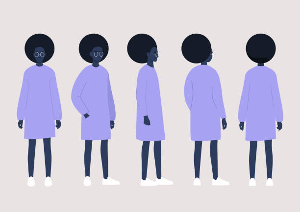 junge schwarze weibliche figur posiert kollektion: vorder-, seiten- und rückseite - rear view women back back of head stock-grafiken, -clipart, -cartoons und -symbole