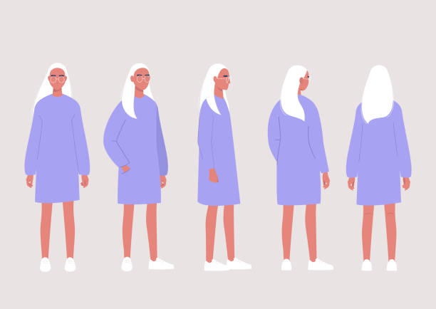 junge weibliche figur posiert kollektion: vorder-, seiten- und rückseitenansichten - rear view women back back of head stock-grafiken, -clipart, -cartoons und -symbole
