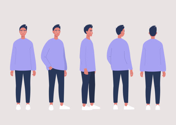 mladý mužský charakter představuje sbírku: přední, boční a zadní pohledy - oděv člověkem stock ilustrace