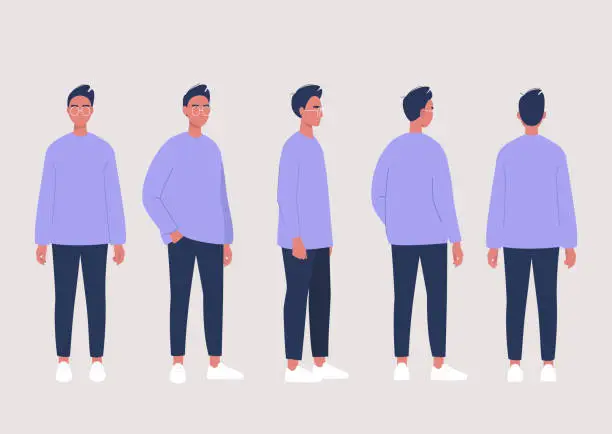 Vector illustration of Young male character poses collection: front, side and back views