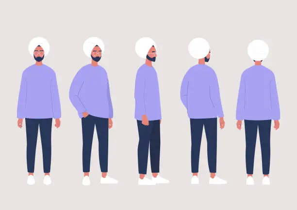 Vector illustration of Young indian male character poses collection: front, side and back views