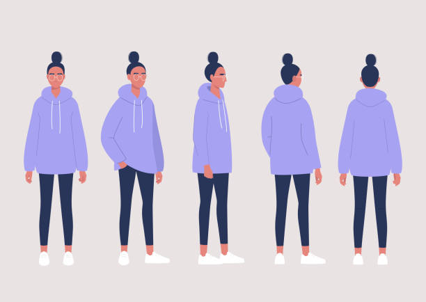 illustrazioni stock, clip art, cartoni animati e icone di tendenza di il giovane personaggio femminile posa la collezione: viste anteriori, laterali e sul retro - hair bun asian ethnicity profile women