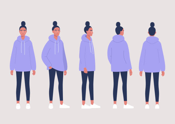 Young female character poses collection: front, side and back views Young female character poses collection: front, side and back views hair bun stock illustrations