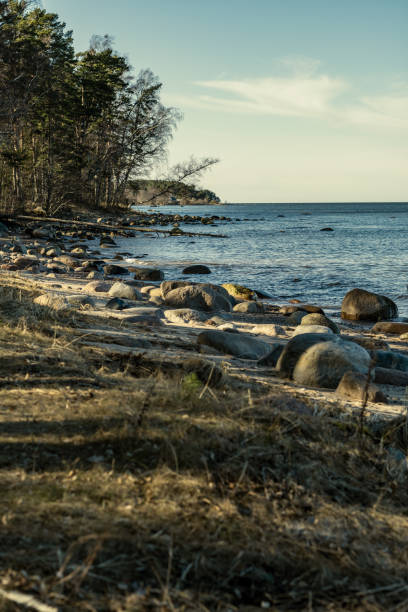 istock sunny beach with blue water and large rocks in the sand 1218893585