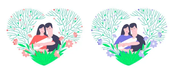 Vector illustration of Families with a newborn in frames with blue and pink flowers