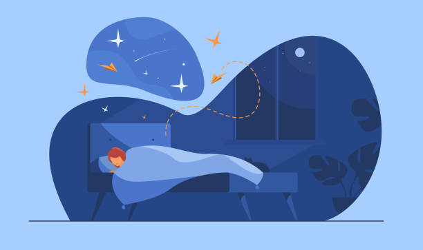 Cartoon person sleeping in her bedroom at night Cartoon person sleeping in her bedroom at night. Woman resting in bed and dreaming on night starry sky. Vector illustration for bedtime, comfort, nighttime concept sleep stock illustrations