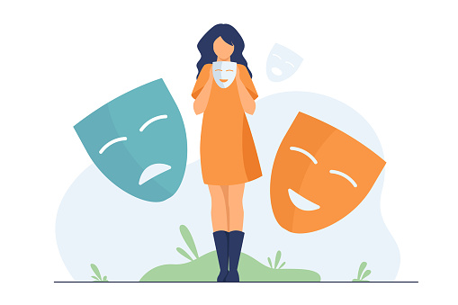 Person covering emotions, searching identity. Woman trying on carnival masks with happy or sad expressions. Vector illustration for psychology, mood changes, personality concept
