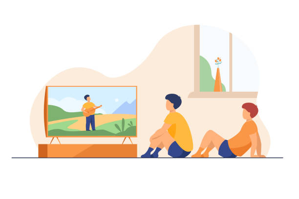 Children watching movie or show at home Children watching movie or show at home. Boys sitting at TV screen. Vector illustration for video, broadcasting, channel for kids concept friends tv stock illustrations