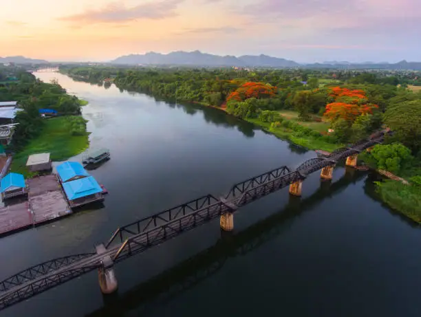 Aerial view of bridge over Kwai River, Kanchanaburi, Thailand