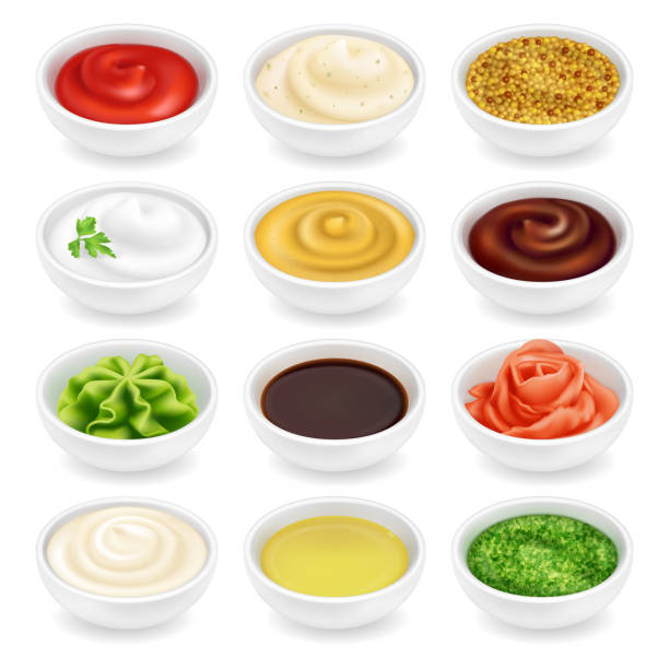 ilustrações de stock, clip art, desenhos animados e ícones de set of different sauces in bowls - tartar sauce