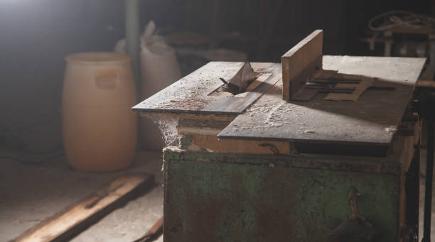 istock Carpentry machine with a piece of wood. 1218900615