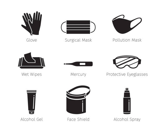 illustrations, cliparts, dessins animés et icônes de ensemble d’équipements de protection pour le coronavirus, covid-19, objets, icônes, protection de soi-même contre la maladie, monochrome - equipments