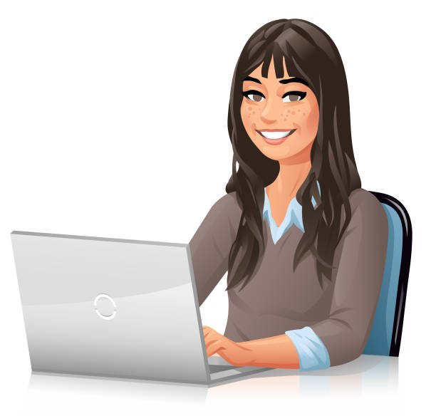 Young Woman With Long Hair Working On Laptop Vector illustration of a young woman with long black hair, sitting at a desk, working in a laptop- isolated on white. freckle stock illustrations