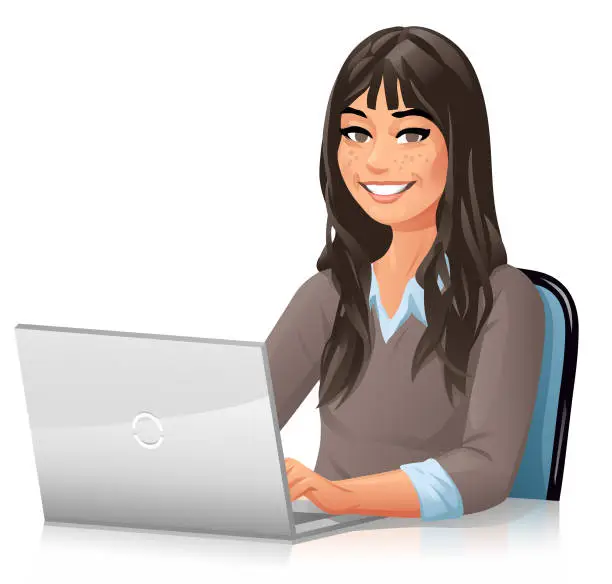 Vector illustration of Young Woman With Long Hair Working On Laptop