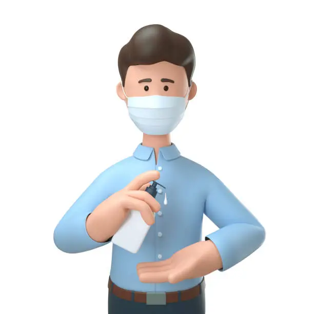 Photo of 3D illustration of man wearing medical mask and cleaning hands with sanitizer antiseptic gel for protection from coronavirus infection.