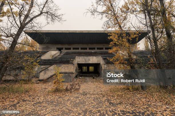 Grandstand Of Abandoned Sports Arena In Pripyat Chernobyl Exclusion Zone In Autumn Stock Photo - Download Image Now