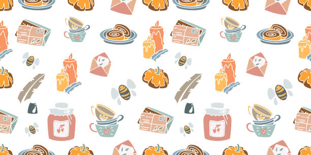 원활한 빈티지 패턴 - flower cherry cup tea stock illustrations