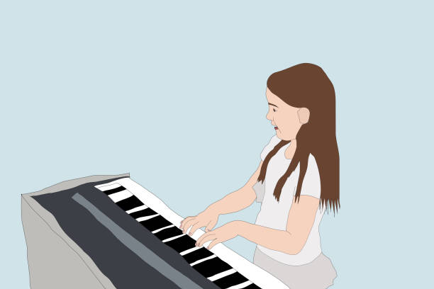 illustrazioni stock, clip art, cartoni animati e icone di tendenza di suonare il pianoforte, la ragazza del pianoforte, l'illustrazione. - computer keyboard white caucasian white background