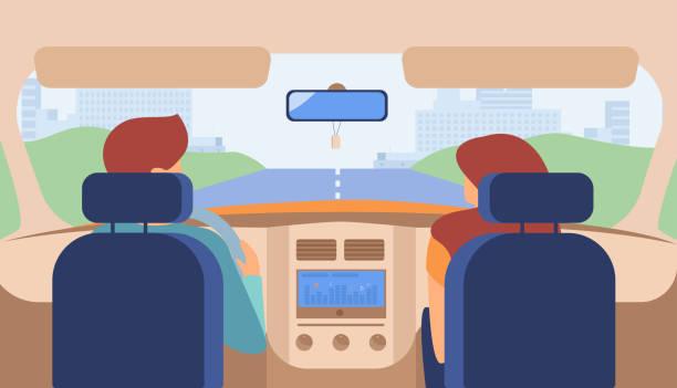 ilustraciones, imágenes clip art, dibujos animados e iconos de stock de vehículo de conducción de pareja - back seat illustrations