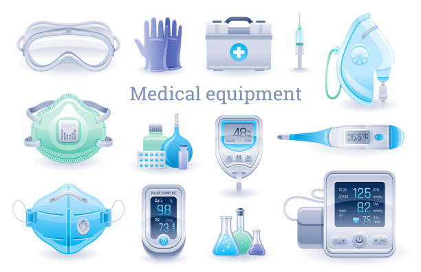 Medical device icon set. Pulse oximeter, tonometer, thermometer, oxygen mask, blood glucose meter, respirator. Coronavirus, Covid virus equipment. Health vector illustration isolated white background Medical device icon set. Pulse oximeter, tonometer, thermometer, oxygen mask, blood glucose meter, respirator. Coronavirus, Covid virus equipment. Health vector illustration isolated white background pulse oxymeter stock illustrations