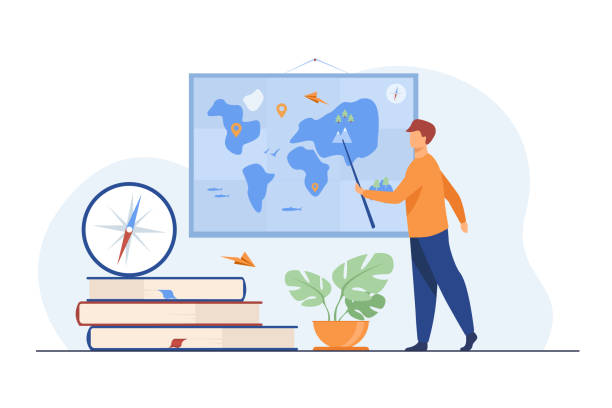 Geography teacher in class Geography teacher in class. Speaker presenting world map, using pointer near stack of books and compass. Vector illustration for education, school, travel, planet concept physical geography illustrations stock illustrations