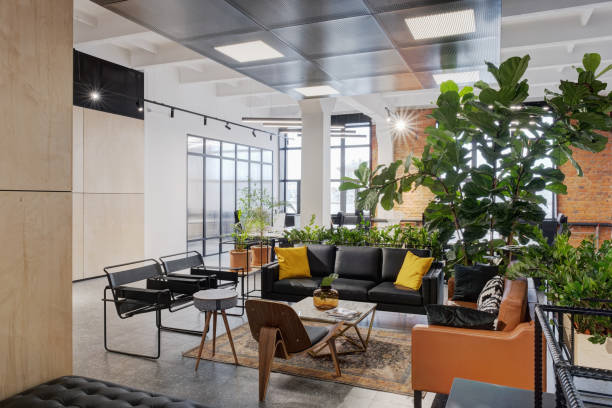 istock modern open space office interior with furniture 1218907440
