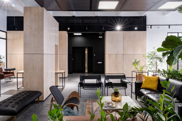 istock modern open space office interior with furniture 1218907447