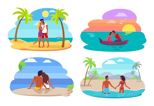 Couples collection seaside, people in love having good time together by seaside, swimming and sailing vector illustration isolated on white background