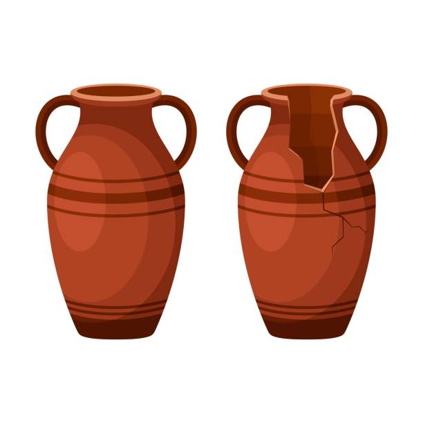 ilustrações, clipart, desenhos animados e ícones de ícone de anfóra antigo inteiro e quebrado com duas alças. vaso de argila antigo, pote vintage antigo. artefato arqueológico de jarro cerâmico. cerâmica grega ou romana para vinho ou óleo. - amphora ancient past greece