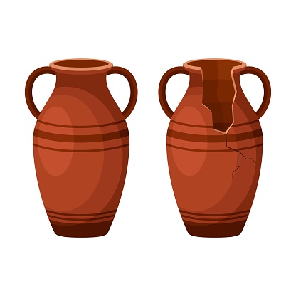 Whole and broken ancient amphora icon with two handles. Antique clay vase jar, Old traditional vintage pot. Ceramic jug archaeological artefact. Greek or Roman vessel pottery for wine or oil. Vector