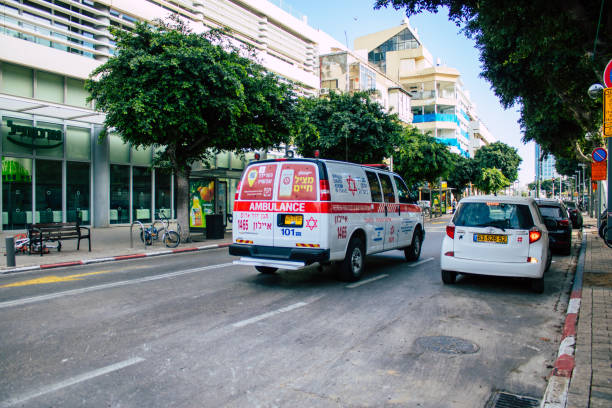 Colors of israel Tel Aviv Israel April 07, 2020 View of a Israeli ambulance rolling in the streets of Tel Aviv during the quarantine the population to prevent the spread of the coronavirus ambulance in israel stock pictures, royalty-free photos & images