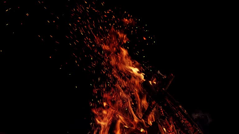 SLO MO LD Firewood burning in a campfire in the evening