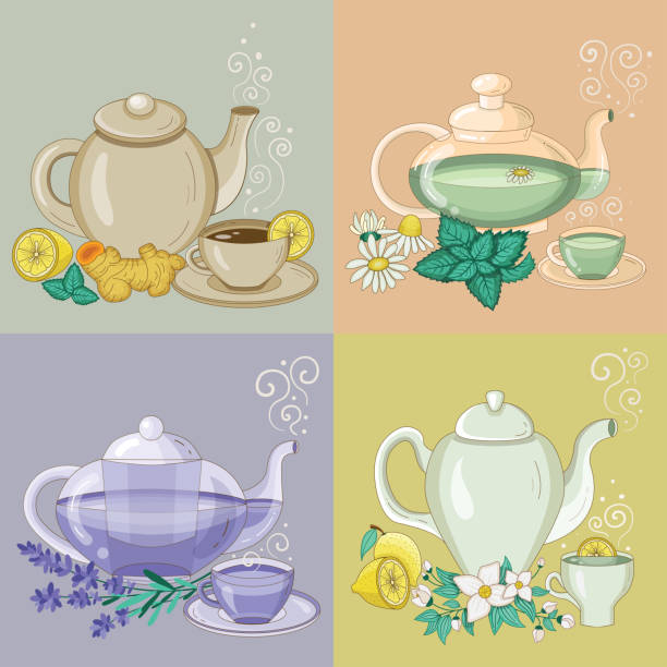 illustrazioni stock, clip art, cartoni animati e icone di tendenza di diverse tisane in tazze e teiere - lavender mint tea