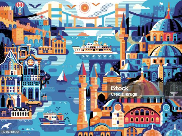 Istanbul Panoramic Cityscape Travel Horizontal Vintage Poster Stock Illustration - Download Image Now