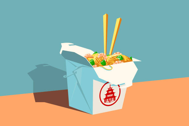 Chinese fast food Chinese fast food vector illustration. Cardboard box with seafood noodles, greens and wooden chopsticks flat style design. Food to order and delivery concept chinese food stock illustrations