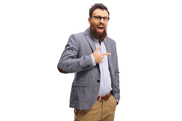 istock Excited bearded man laughing and pointing 1218911368