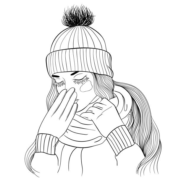 Portrait of a frozen girl Portrait of a frozen girl in winter clothes. Drawing on the theme of cold, winter, frostbite. Vector illustration isolated on white background in line art style. Hand drawing. frozen coloring pages stock illustrations