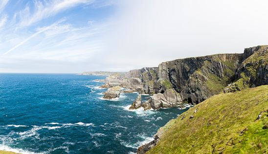 Aerial view of natural landscape of one of the most famous places in Ireland which is the Cliff of Moher. It is surrounded by the wild Atlantic Ocean and many green areas covering it.