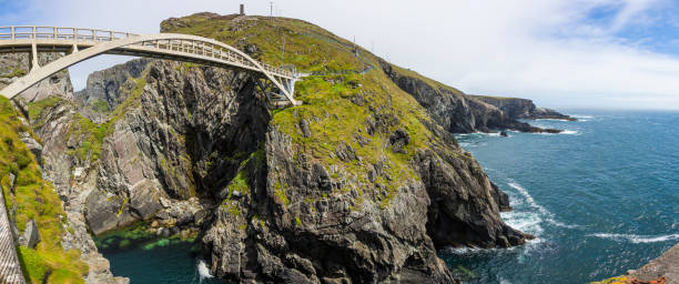 Panoramic picture of pedastrian bridge to Mizen Head lighthouse in south Ireland during daytime Panoramic picture of pedastrian bridge to Mizen Head lighthouse in south Ireland mizen head stock pictures, royalty-free photos & images