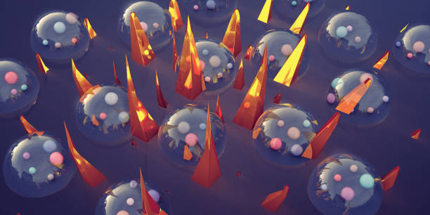 An abstract image showing multi-coloured spheres in lockdown under transparent protective bubbles as a group of orange crystal shards rise up from the ground. Represents self isolation under lockdown from the coronavirus pandemic.