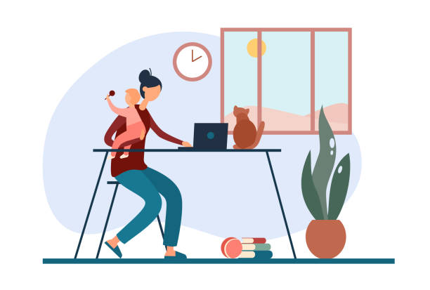 Freelance mother with baby working at home Flat vector illustration of cartoon woman with baby on hands working remotely on laptop at desk during quarantine. Social media campaign and coronavirus prevention parent illustrations stock illustrations