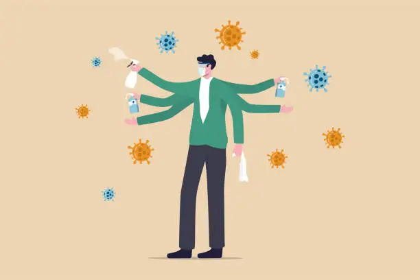 Vector illustration of Washing, sanitise your hands and clean surface to protect Coronavirus COVID-19 infection concept, healthy man with multiple hands using alcohol gel to wash his hands and sanitiser to clean surface.