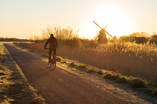 Cyclist on a bike lane in the Netherlands during a spring sunrise.