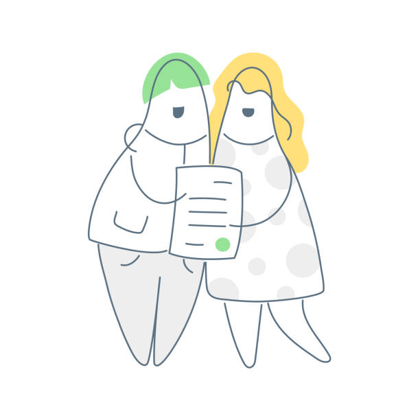 Cute cheerful couple holding marriage certificate, insurance policy - Vector Marriage certificate, insurance policy, gift coupon pr license, certified document with the seal in their hands. Flat line UI UX vector icon illustration on white funny contract stock illustrations