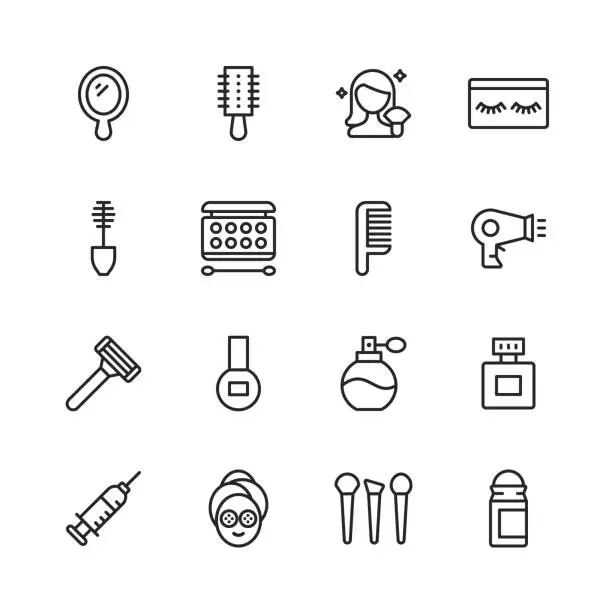 Vector illustration of Cosmetics Line Icons. Editable Stroke. Pixel Perfect. For Mobile and Web. Contains such icons as Cosmetics, Beauty, Make-Up, Shampoo, Hair Salon, Body Care, Hygiene, Fashion, Nail, Barber, Perfume, Lipstick, Eyebrow.