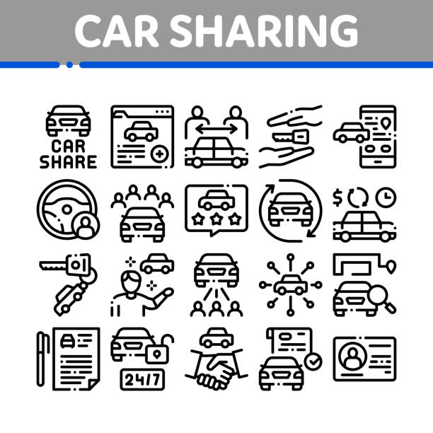 Car Sharing Business Collection Icons Set Vector Car Sharing Business Collection Icons Set Vector. Car Share Deal And Agreement, Web Site And Phone Application, Key And Driver License Concept Linear Pictograms. Monochrome Contour Illustrations taxi logo background stock illustrations