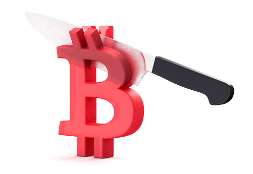 Gel bitcoin symbol halving with a chef knife, 3d render