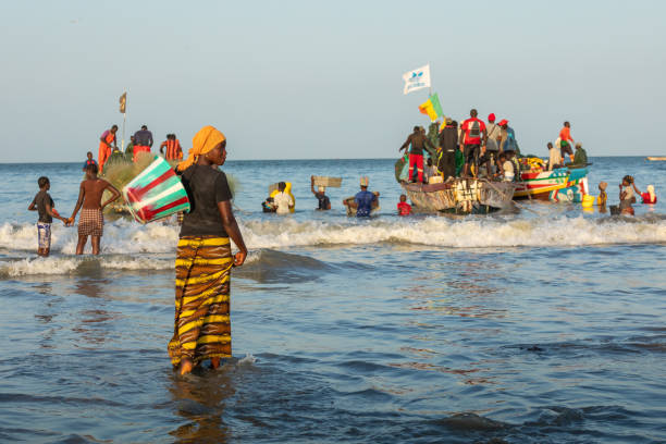 Fishing industry in Gambia. Men and women carrying fish from the boats to the beach on Tanji, The Gambia, West Africa. Tanji, The Gambia - November 20, 2019: Fishing village. People carrying fish from the boats to the beach on Tanji, The Gambia, West Africa. banjul stock pictures, royalty-free photos & images